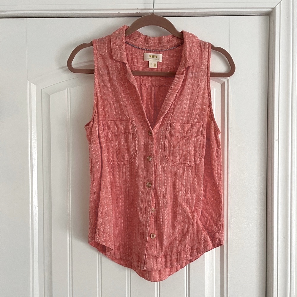 Maeve Women's Coral Sleeveless v neck button down Top